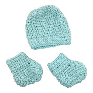 Handmade Crocheted Baby Beanie Hat & Booties Layette Ensemble Light Aqua Blue